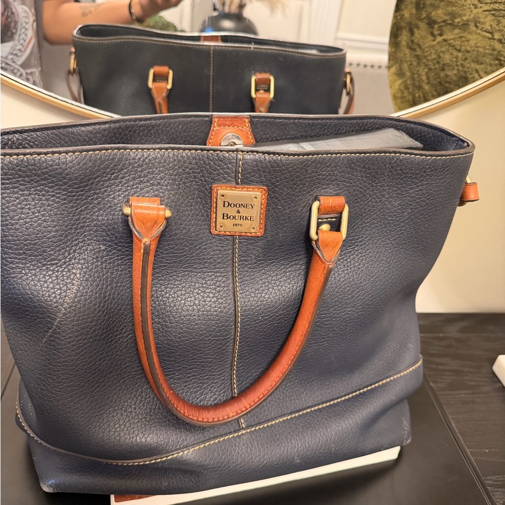 Dooney & Bourke Navy Pebbled Leather Tote with Brown Trim